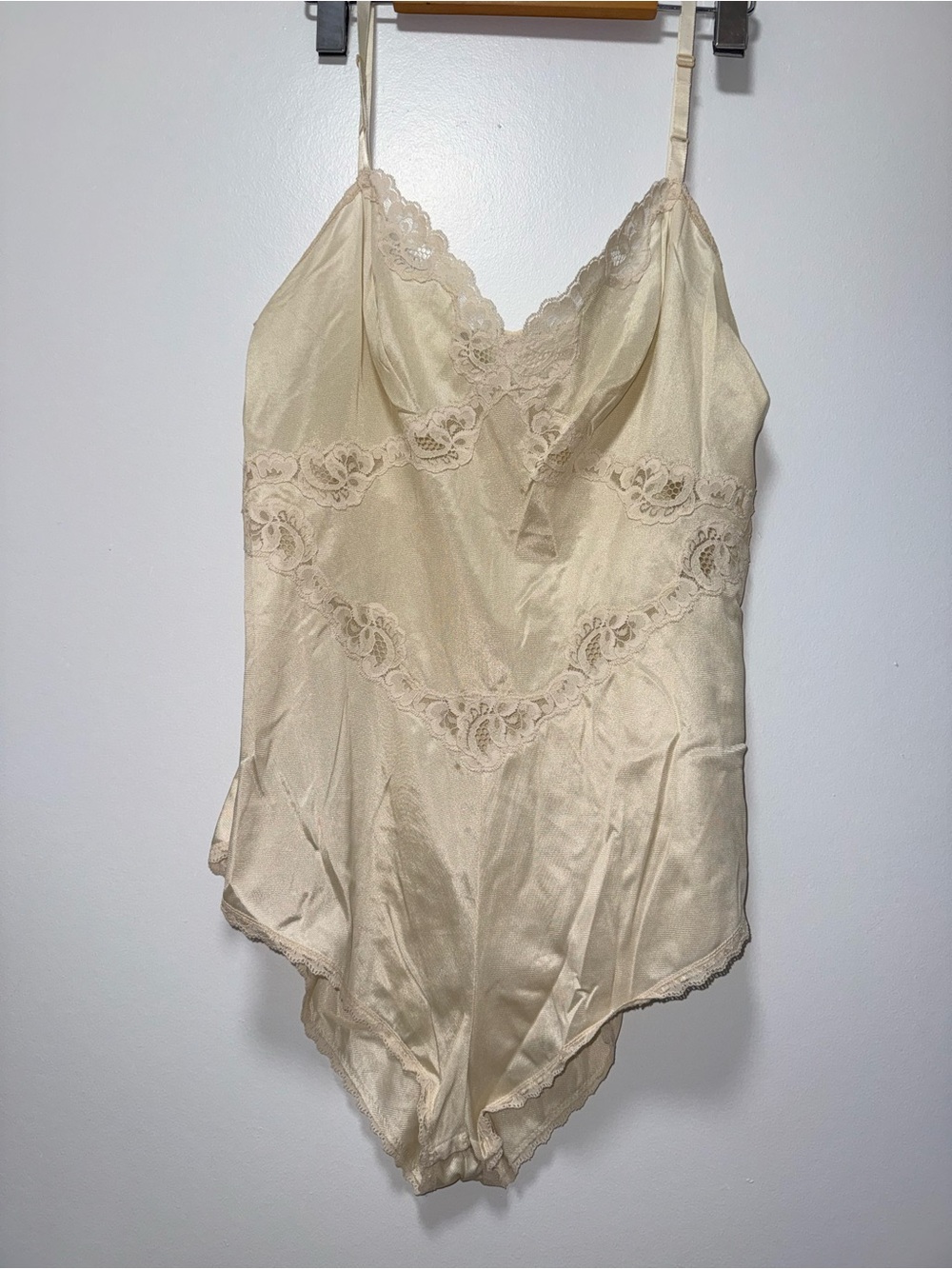 Lace-Trim Satin Chemise Bodysuit in Cream *no size tags